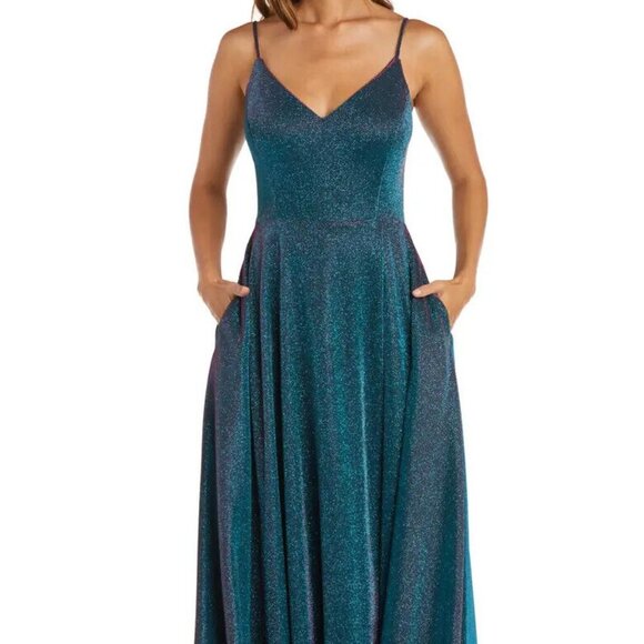 Morgan & Co Teal Caged Back Shimmer Gown - Picture 1 of 5